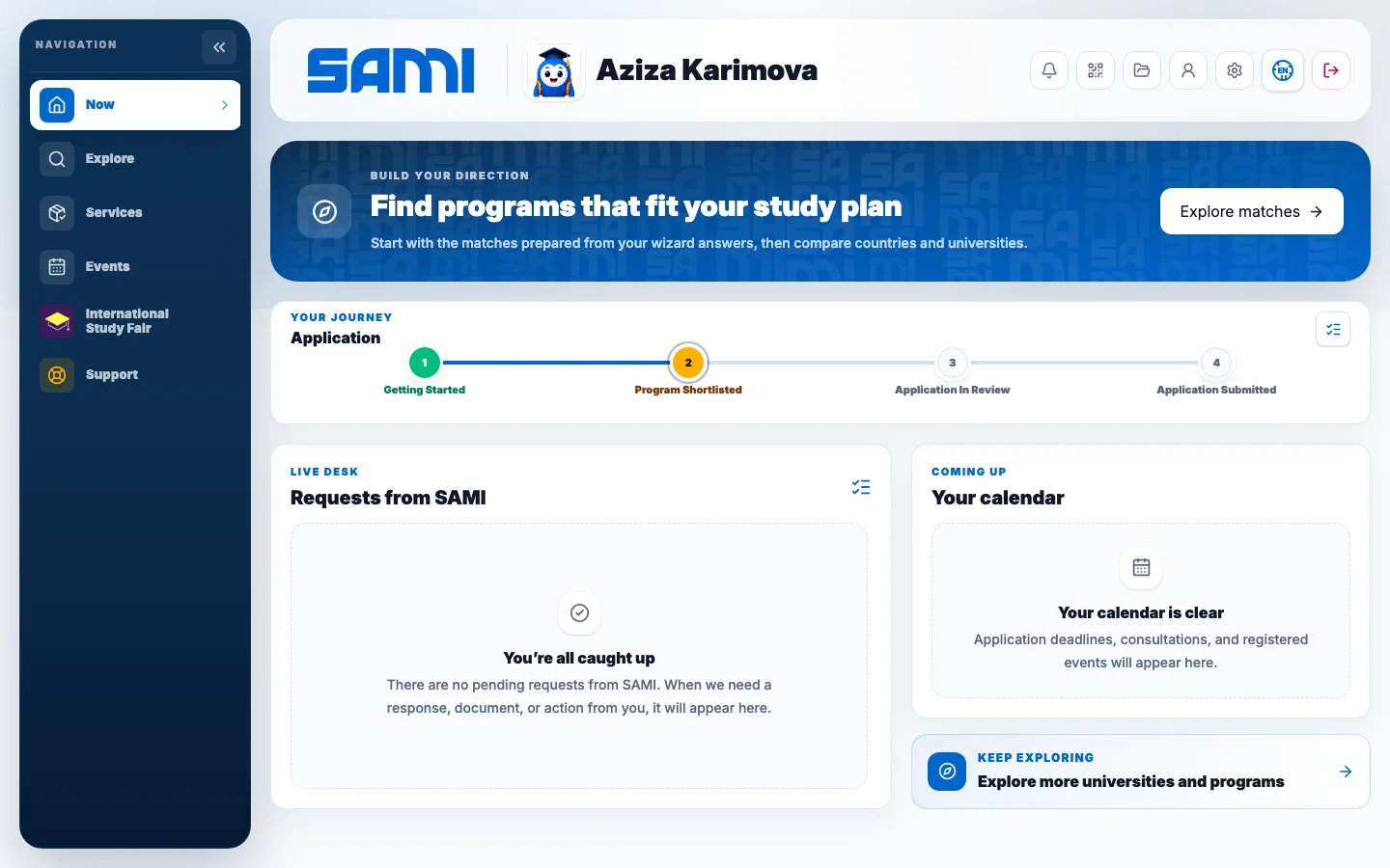 SAMI Student Portal dashboard showing navigation, application progress, requests from SAMI, and the student calendar in a demo account